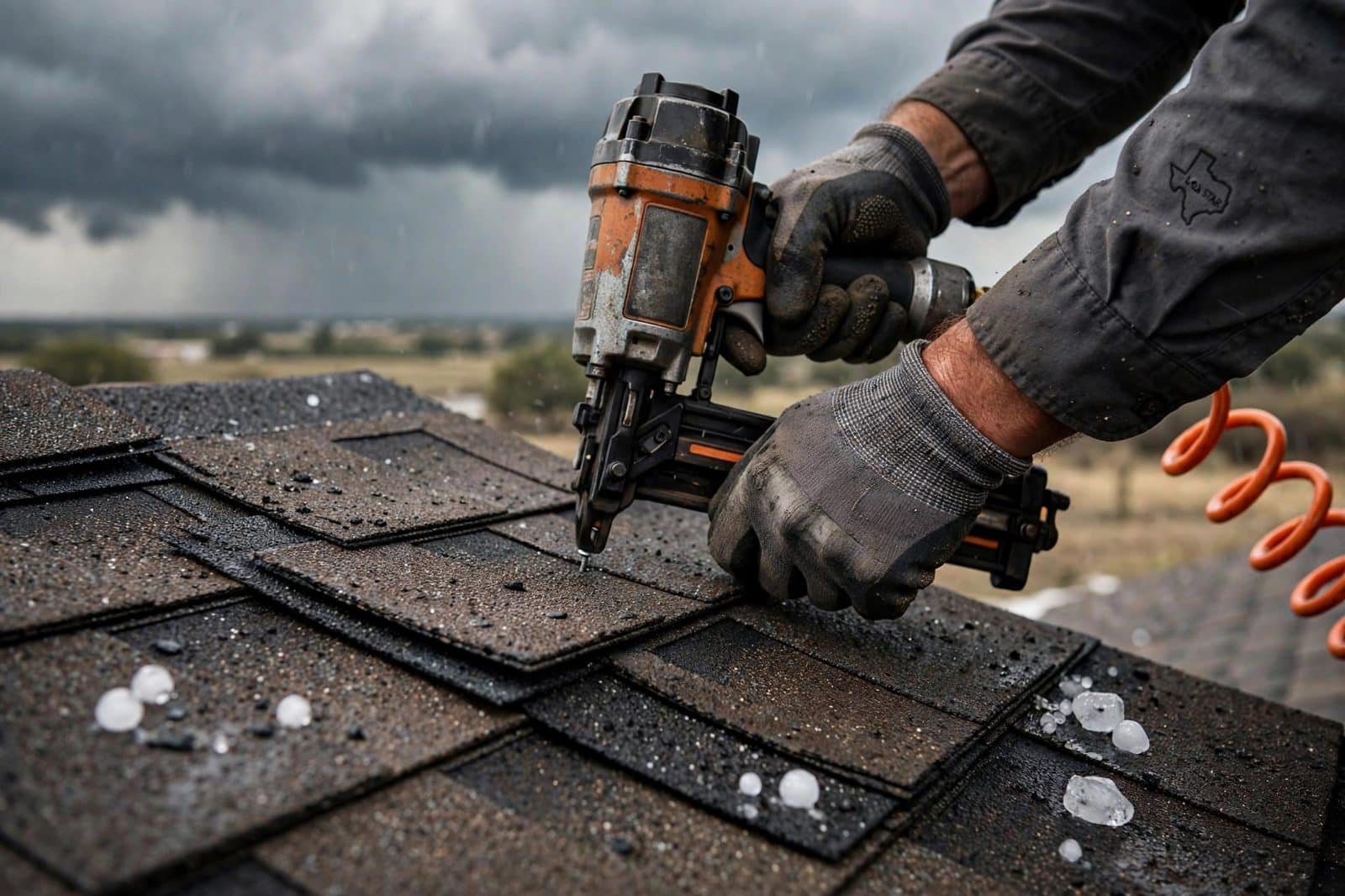 Close-up of impact-resistant architectural shingles being installed on a Texas roof
