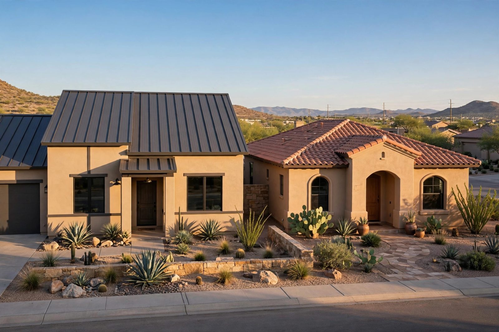 Texas homes with standing seam metal and clay tile roofs in warm afternoon light